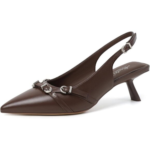 Women's Choc Brown 1 Pointed Toe Pump Patent Leather Slingback Heels With Buckle